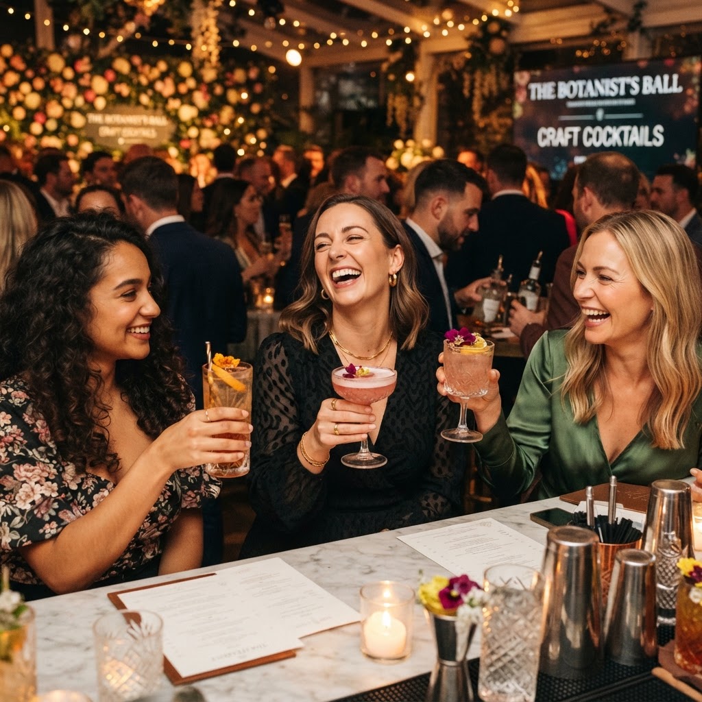 create an image of guests enjoying a great experience drinking beautiful cocktails at an event with a beautiful atmosphere